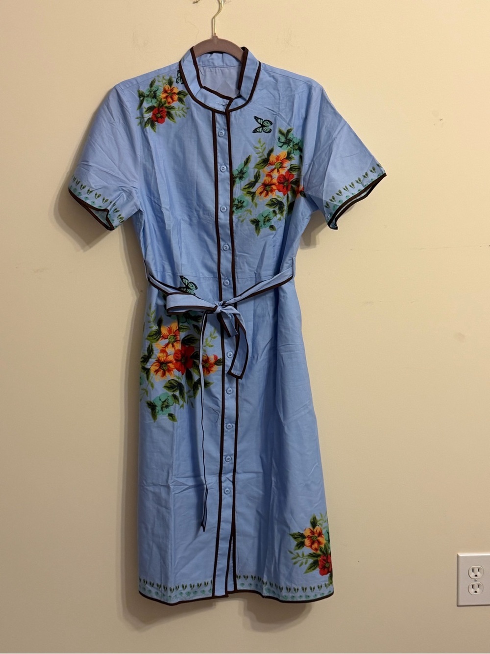 NWT Chartou Blue Floral Butterfly Belted Button Front Midi Shirt Dress - Picture 3 of 4
